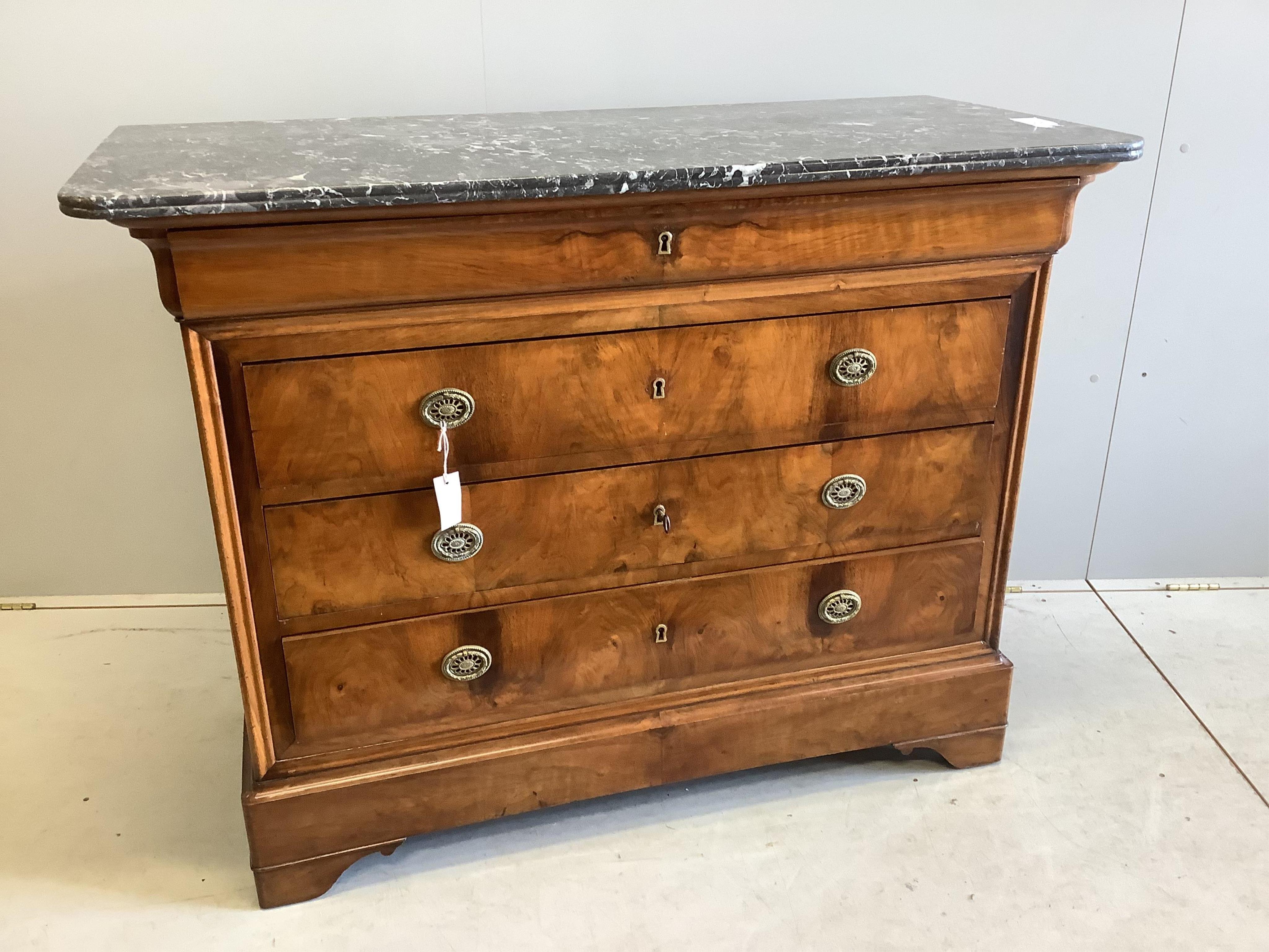 A 19th century French walnut marble top commode, width 130cm, depth 60cm, height 99cm. Condition - good